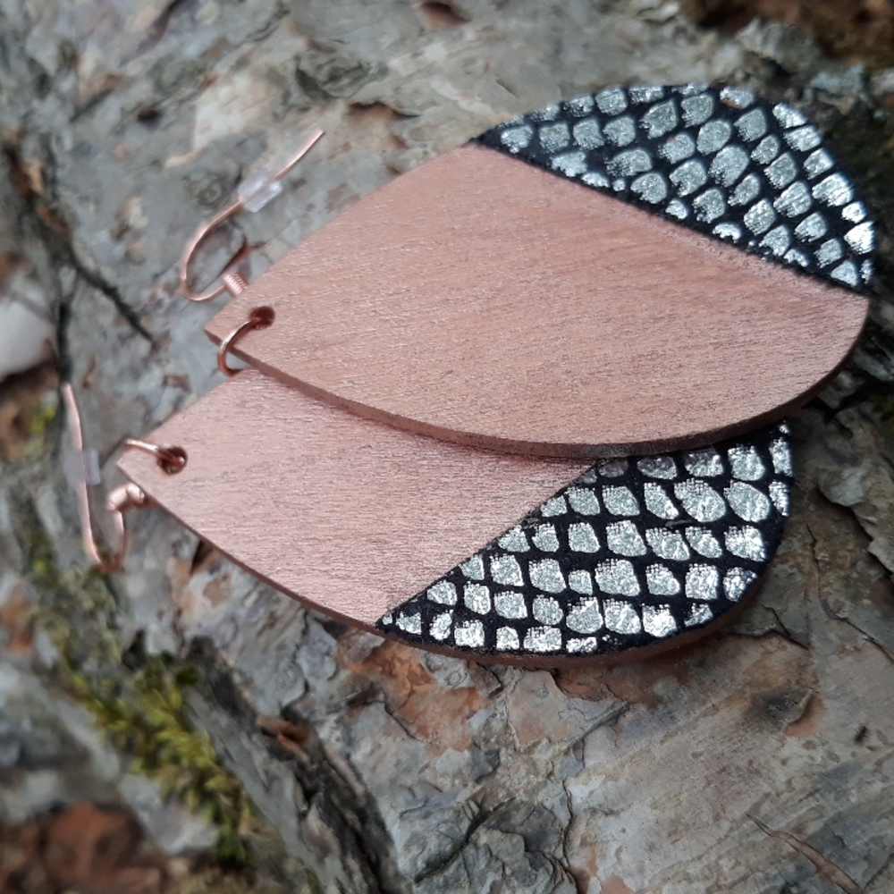 Wood/ Teardrop Statement Earrings w/ Exotic Print Faux Leather Detail - Picture 3 of 8